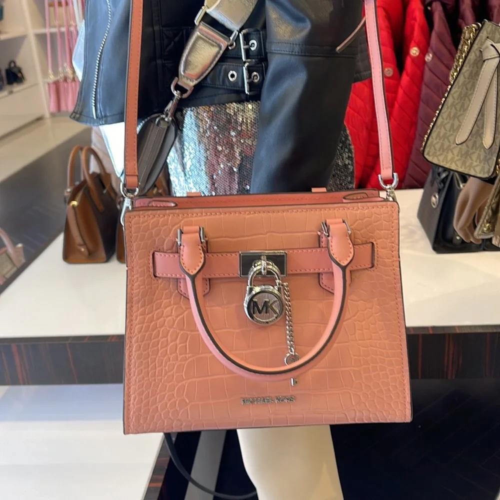 MICHAEL KORS Hamilton Small Crocodile Embossed Faux Leather Satchel Primrose NWT